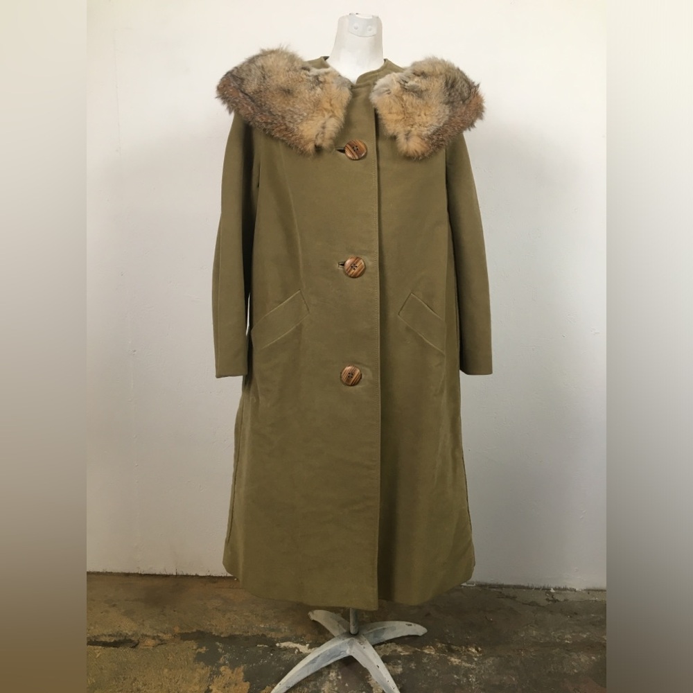 1960s 70s Ultra-suede Coat w Fur Collar Olive Tan L Juli de Roma Heeksuede